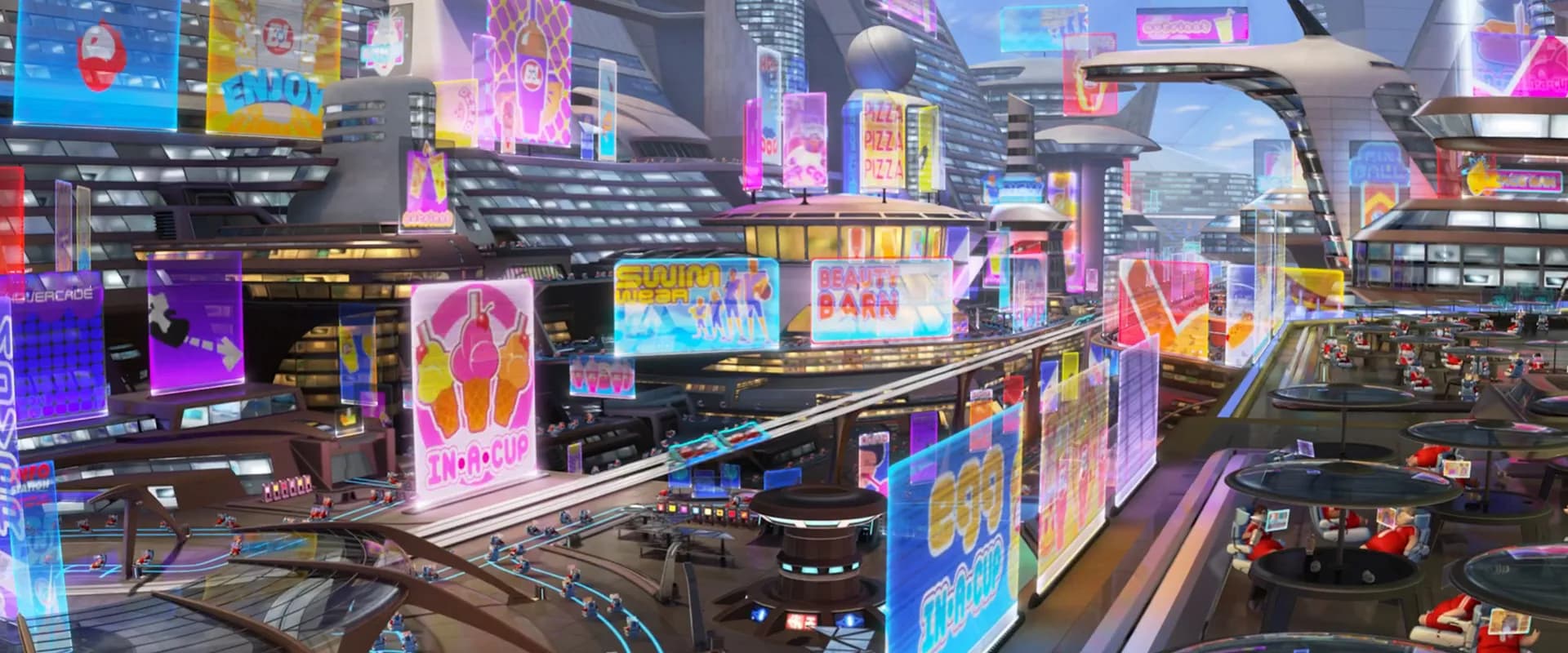 Another shot from the Wall-E movie showing hundreds of ads/billboards along the pathways, taking up most of the visual space